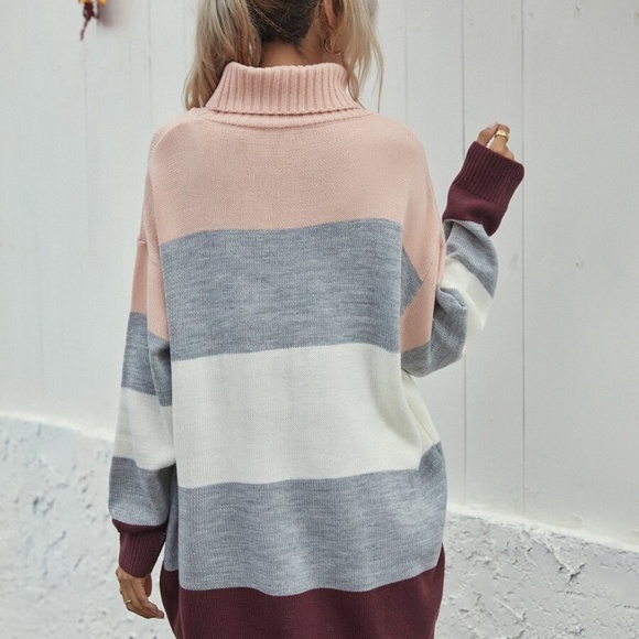 color block turtleneck striped knit sweater dress - Picture 5 of 6